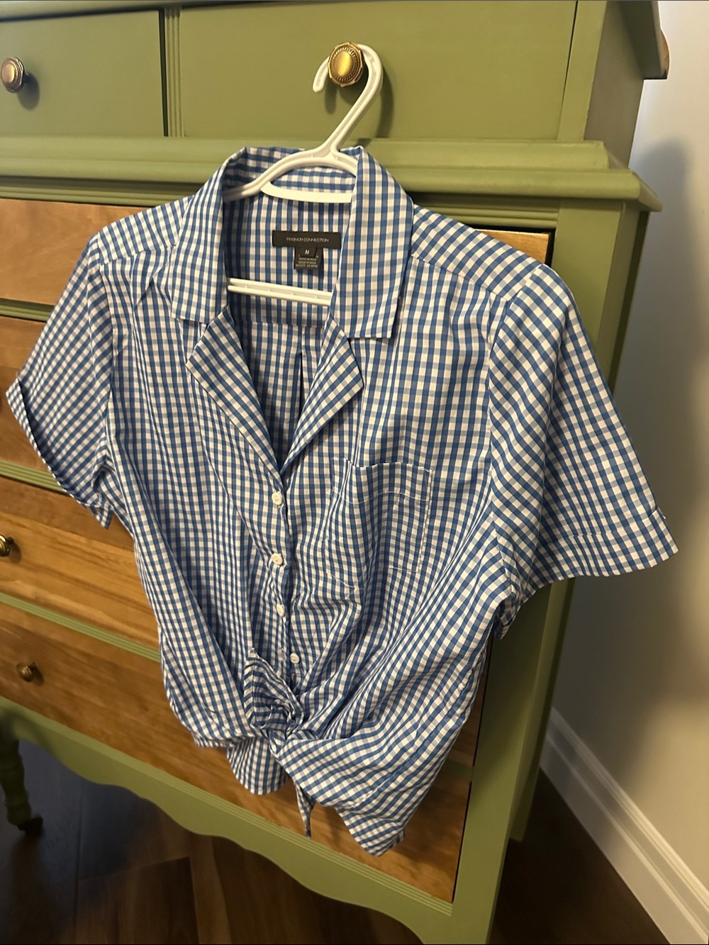 French Connection Blue and White Gingham Tie-Front Button-Down Shirt